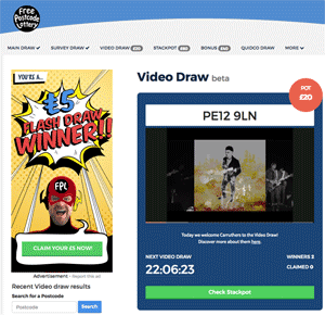 Free Postcode Lottery £5 Flash Draw showing on the Video Draw page