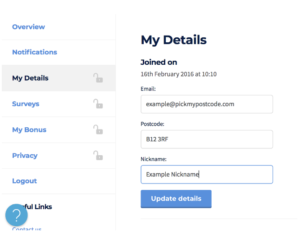 A screenshot of the my account page on Pick My Postcode. This screenshot displays the place there you can change your email, in the first box, your postcode, in the second box, or your nick name, in the final box. 