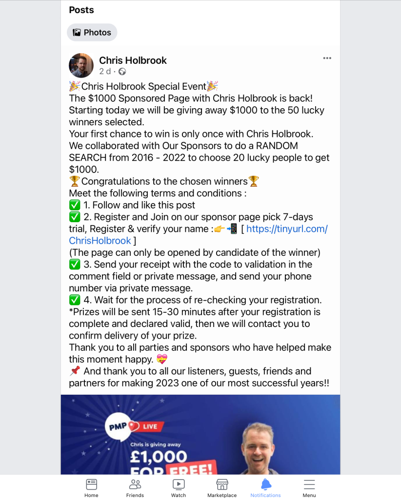 Scammer Pretending To Be Chris Pick My Postcode