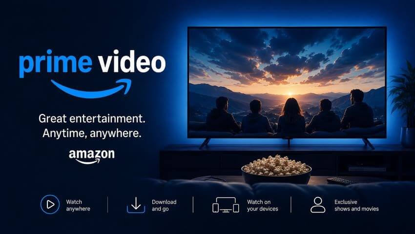 Prime Video logo with a big tv with a sunset on it