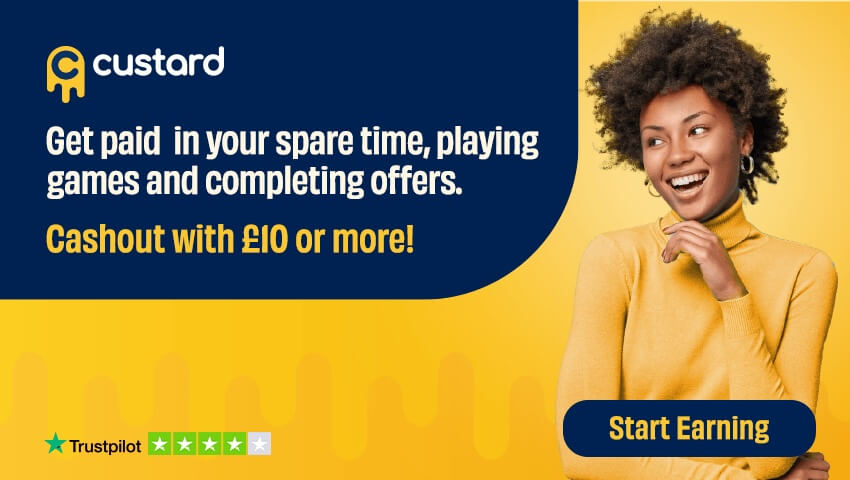 Custard cashback logo and a lady in a yellow top